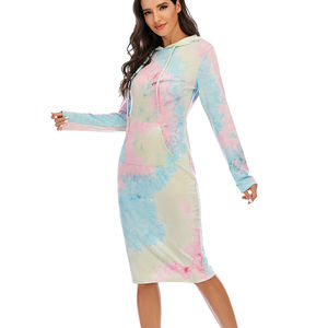 Women's Breathable Cotton Tie Dye <b>Long</b> Sleeve Hoodie Dress Winter Casual Style Breathable <b>Ladies</b> <b>Sweatshirt</b> with Hooded Collar - Product Image 4