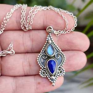 Collier en labradorite et lapis-lazuli, argent sterling 925, bijoux faits à la main avec perle, cadeau unique pour elle, anniversaire - Product Image 6