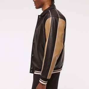 Chaqueta Varsity Premium de Invierno Impermeable con Cuello Alto, Mangas de Cuero, Logotipo Bordado y Patrón de Béisbol para Hombre - Product Image 4