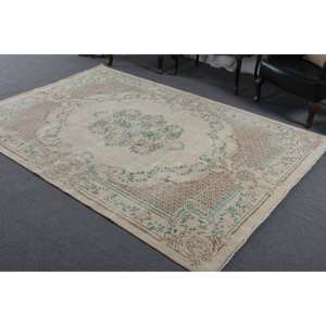 Alfombra turca clásica Vintage Beige verde 6,2x9,4 pies lana hecha a mano con respaldo de látex patrón de retazos Rectangular para cabecera - Product Image 2