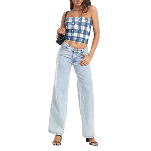 Top de tubo Bandeau de sublimación a cuadros de Navidad para mujer-Top bonito sin tirantes azul marino y blanco para mujer - Product Image 2