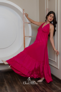 ใหม่โบฮีเมียนคอ V ลึกสีชมพูแบบโบฮีเมียนเชือกผูกหลังแบบผูกกับพู่ชุดราตรี Maxi ชุดเดรสผ้าไหมนุ่มฟูสำหรับผู้หญิงใส่ไปงานปาร์ตี้ - Product Image 3