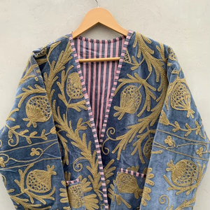 Indian Most Trending Handmade Suzani Embroidery <b>Velvet</b> Winter Jacket Women Short Suzani Jacket Free Size Short <b>Quilted</b> Jacket - Product Image 1