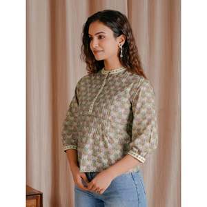 Chemisier court gris en coton Butti pour femme, style Pintux, col nœud, motif lettre diamant, respirant, 100% coton tissé, taille XS, longueur longue - Product Image 4