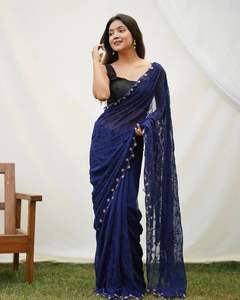 Pure Georgette Saree con hilo de viscosa funciona con Handwork border Wedding wear Sari, Designer Party Wear Saree. - Product Image 4