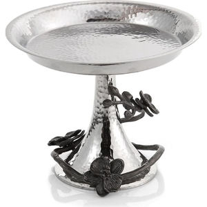 Plateau de service élégant pour desserts de mariage et de fête, support à gâteau en aluminium martelé fait à la main avec un motif floral d'orchidée noire - Product Image 1