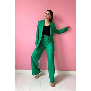 Conjunto de Chaqueta y Pantalones de Satén con Doble Botonadura y Decoración de Botones Verdes al por Mayor - Product Image 5