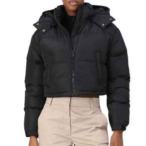 Women's Trendy <b>Cropped</b> Puffer <b>Jacket</b> Hooded Quilted Warm Winter Coat Zip-Up Drawstring Outwear Wholesale OEM Custom Logo - Product Image 3