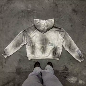 Antique Customized Spray Rhinestone Zipper <b>up</b> <b>Hoodie</b> <b>Cropped</b> Boxy <b>Zip</b> <b>up</b> Hoodies for Man Patch Work <b>Hoodie</b> - Product Image 3