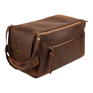 Sac à cosmétiques vintage en cuir véritable marron avec fermeture éclair, grande capacité, pratique, durable, poignée souple - Product Image 2