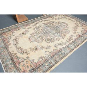 Tapis en Latex de Laine Turque Vintage 6.1X9.5 pieds Beige Bleu Patchwork Design pour Décorations de Salon - Product Image 2