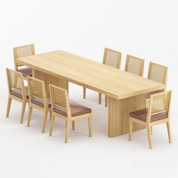 Muebles de Madera de Java, Juego de Comedor Moderno de 9 Piezas de Madera de Teca Sólida, 8 Sillas de Cuero con Respaldo de Mimbre, Base Acanalada, Hecho a Mano