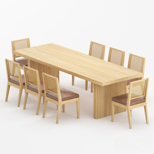 ชุดโต๊ะอาหารไม้สักแท้ 9 ชิ้น สไตล์โมเดิร์นฟาร์มเฮาส์ พร้อมเก้าอี้หนังพนักพิงหวาย 8 ตัว ฐานลายร่อง งานแฮนด์เมด เฟอร์นิเจอร์ตกแต่งบ้าน - Product Image 6