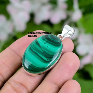 Colgante de Plata de Ley 925 hecho a mano, collar de piedras preciosas de malaquita en forma ovalada con sello 925, joyería encantadora - Product Image 3