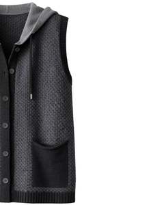 Customized Charcoal Grey <b>Hooded</b> <b>Knitted</b> Sweater Vest Wool Acrylic Button Front Sleeveless Winter <b>Cardigan</b> With Pockets OEM - Product Image 5