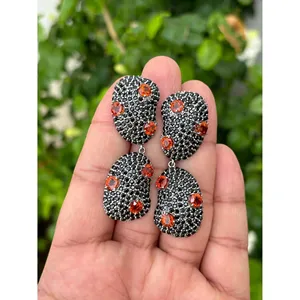 Pendientes de Plata 925 con Granate Spessartita, Perla de Agua Dulce, Diamante, Turquesa y Coral para Bodas y Fiestas - Product Image 1