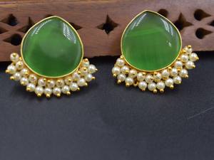 Boucles d'oreilles tendance, nouvelles boucles d'oreilles de créateur, boucles d'oreilles tendance, plaquées or, acier inoxydable, pierre naturelle, pierre ronde - Product Image 2