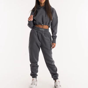 Sudaderas con capucha de punto recortadas para mujer de entrenamiento activo, ropa de calle informal, hombro caído, logotipo frontal transpirable ecológico para invierno - Product Image 2