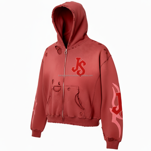 Women Thick Cotton Fleece <b>Zipper</b> <b>Hoodie</b> Washed Vintage <b>Red</b> Distressed Custom Logo Embroidery Puff Print Design basics hoodies - Product Image 4