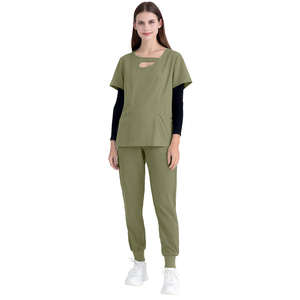 ชุดสครับทางการแพทย์แขนสั้นสำหรับผู้หญิงและผู้ชายชุดผ้าโพลีเอสเตอร์สำหรับวิ่งพยาบาลชุดเครื่องแบบผ้าสแปนเด็กซ์ถักสำหรับโรงพยาบาลพิมพ์โลโก้ได้ตามต้องการ - Product Image 5