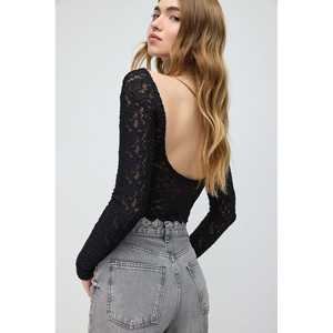 Blusa Casual de Manga Larga con Espalda Descubierta y Encaje, con Plumas Decorativas y Logotipo Frontal, Talla XL, para Otoño y Primavera - Product Image 2