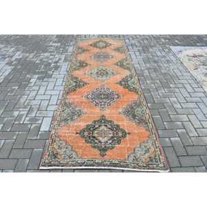 พรมวินเทจขนาด 3.6x10.2 ฟุต, พรมตุรกีแบบ Runner, พรมลายดอกไม้สีส้ม - Product Image 1