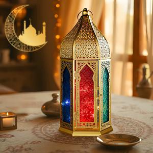 Latest 2026 Hot Selling Christmas Gold Moroccan Metal/<b>Glass</b> <b>Lanterns</b> with Colorful <b>Glass</b> Tabletop Handmade - Product Image 2