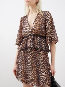 Robe mini en mousseline imprimée léopard, manches volantées, silhouette ajustée, jupe légèrement plissée, décolleté en V profond pour soirée - Product Image 3