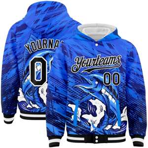 Sweat à capuche personnalisé unisexe Royal Black White Marlin Fish 3D Full Snap Varsity Letterman Winter Sports avec impression numérique - Product Image 4