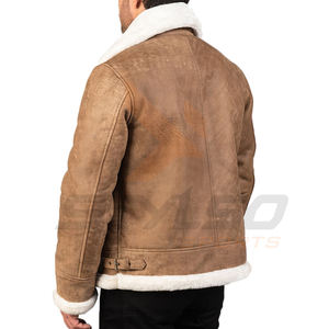 Blouson en cuir bombardier pour homme, manteaux et vestes en cuir marron avec col en fourrure de mouton véritable - Product Image 6