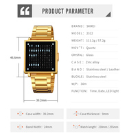 Montre carrée SKMEI 2312 à affichage LED créatif pour homme, décontractée, résistante à l'eau 3ATM, numérique avec bracelet en acier inoxydable