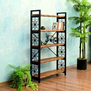 Estante de exhibición industrial independiente moderno Unidad de almacenamiento de metal de madera con estantes abiertos para sala de estar - Product Image 1