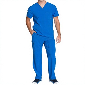 Ensemble de tenue médicale bleue pour femme : Blouse à col en V et pantalon cargo à poches, uniforme d'hôpital en tissu tissé coton-polyester, détection des aiguilles - Product Image 1
