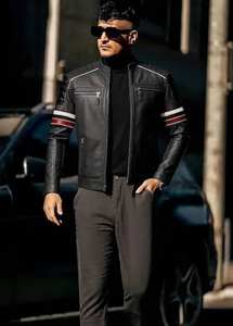 Chaqueta de Motociclista Estilo Slim Fit para Hombre en Cuero Vacuno Negro con Mangas a Rayas, Ropa Exterior Informal, Chaqueta de Cuero Genuino - Product Image 6