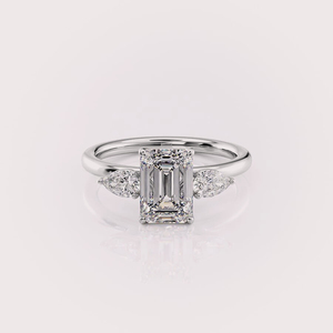 IGI Certified Emerald Cut Lab Grown Diamond Three Stone Engagement & Anniversary <b>Ring</b> 9K Yellow/White Rose Gold Pear Side Stone - Product Image 1