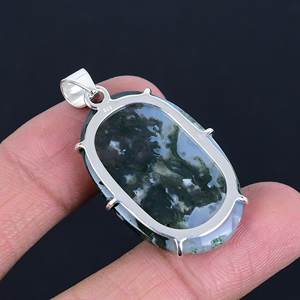 Colgante fino chapado en oro de Plata de Ley 925 con cabujón ovalado de ágata de musgo de bosque, collar para mujer, sin níquel y sin plomo - Product Image 4