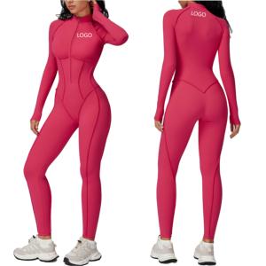 Mono de manga larga con cuello levantado, media cremallera, ligero, cepillado, ropa larga, traje de movimiento, mono deportivo para gimnasio de gama alta - Product Image 3