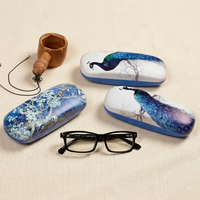 Étui rigide pour lunettes personnalisé avec logo imprimé Blue Feather, motif floral paon vintage, étui métallique pour lunettes optiques, boîte de protection