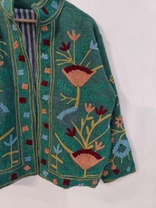 Veste en laine brodée florale bohème verte, col mandarin, manches longues, veste décontractée courte, vêtements d'automne pour adultes - Product Image 6