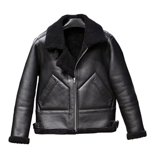 Chaqueta de Cuero para Hombre, Estilo Aviador, Forrada con Borrego, con Cuello Alto, Impermeable y Cortavientos, de Cuero Premium - Product Image 1
