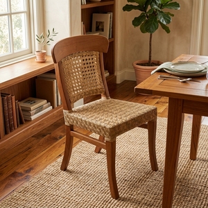 Solid Wood Woven Rattan <b>Cane</b> Dining <b>Chair</b> Curved Backrest Natural Finish Outdoor Patio Side Armless <b>Chair</b> Setup Art Decor - Product Image 5