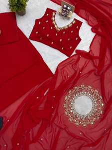 Sari de Georgette Rojo de Lujo con Bordado a Mano de Espejos, para Bodas/Eventos de Invierno/Verano, Largo hasta el Suelo, de Secado Rápido, para Mujer - Product Image 5