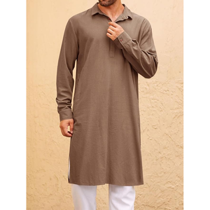 Hombres Algodón Kurta Indio Musulmán Kurta Clásico Mandarín Collar Mangas Largas Lado Dividir Ropa Étnica para Boda - Product Image 3