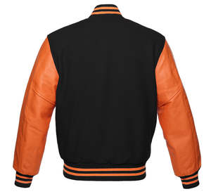 Veste classique pour homme en laine noire avec manches en cuir orange, style Letterman, manches longues. - Product Image 2