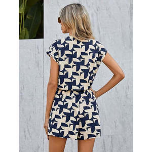 Mono corto modal con estampado y botones, cuello en V y manga corta para mujer, 36123 - Azul marino - Product Image 3