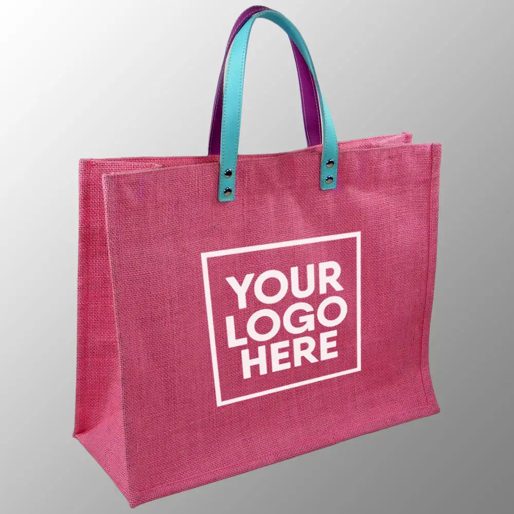 Jute Tas Met Echt Lederen Handgrepen Op Maat Bedrukt Logo Tekst Geverfd Jute Boodschappentas Roze Jute Promotie Tas Strand Voor Picknick