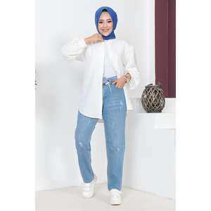 Jeans décontractés style boyfriend avec ceinture, confortables, en Spandex/Polyester, coupe classique - Product Image 1