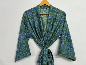 Vestido Kimono con estampado de hojas indias de algodón hecho a mano, bata azul para dama de honor, verano, ligero, hasta el suelo, cubierta de playa, vestidos informales - Product Image 3