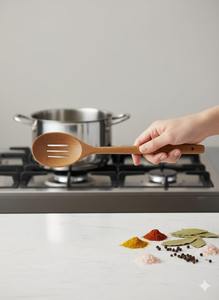 Cuillère de cuisine en bois plaqué or artisanale, manche long, 100% bois naturel, utilisation pour les fêtes, préparation des aliments, mélange des sauces - Product Image 4