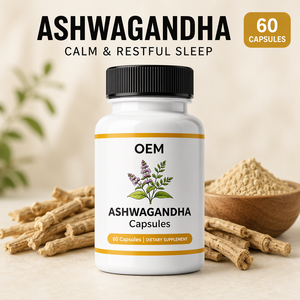 Capsules d'Ashwagandha OEM, 60 capsules, complément pour un sommeil calme, complément à base de plantes, fabrication en marque privée - Product Image 1